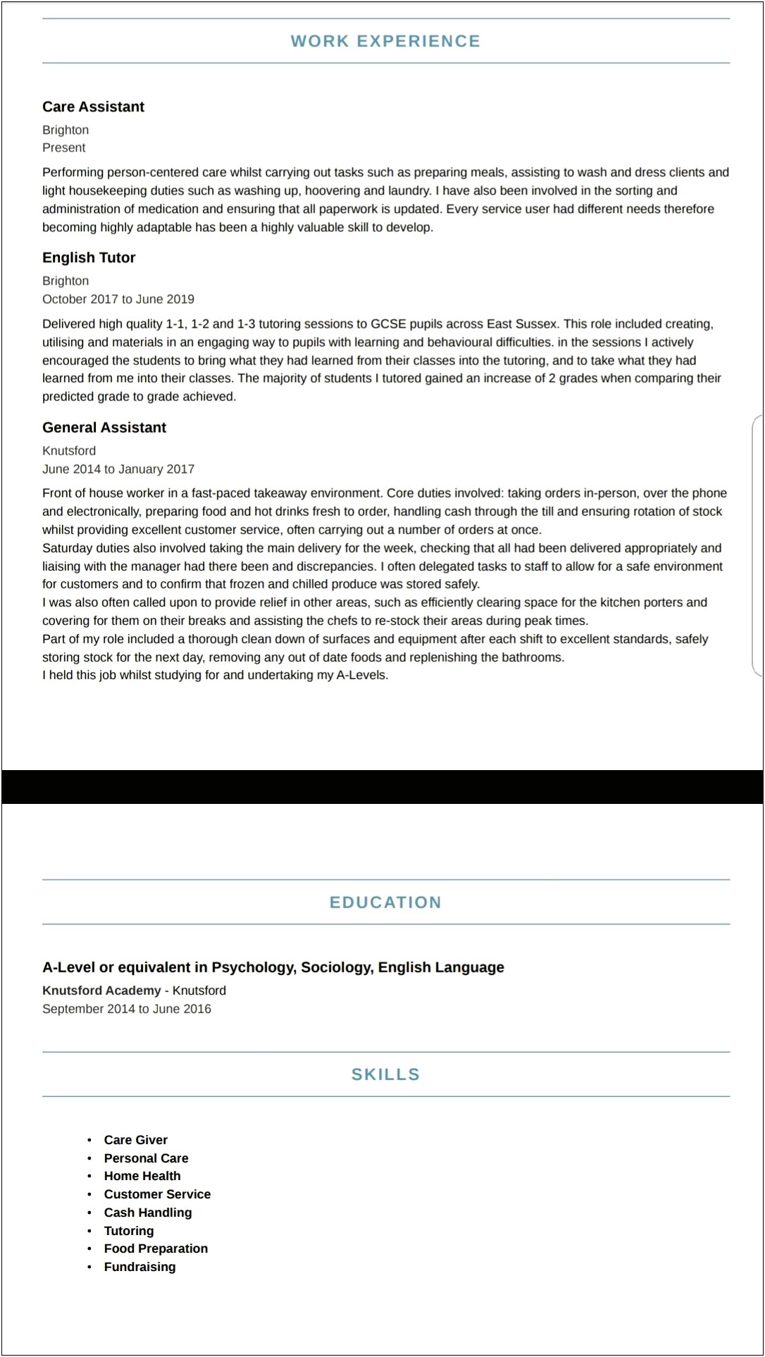 Resume Objective For Personal Care Assistant