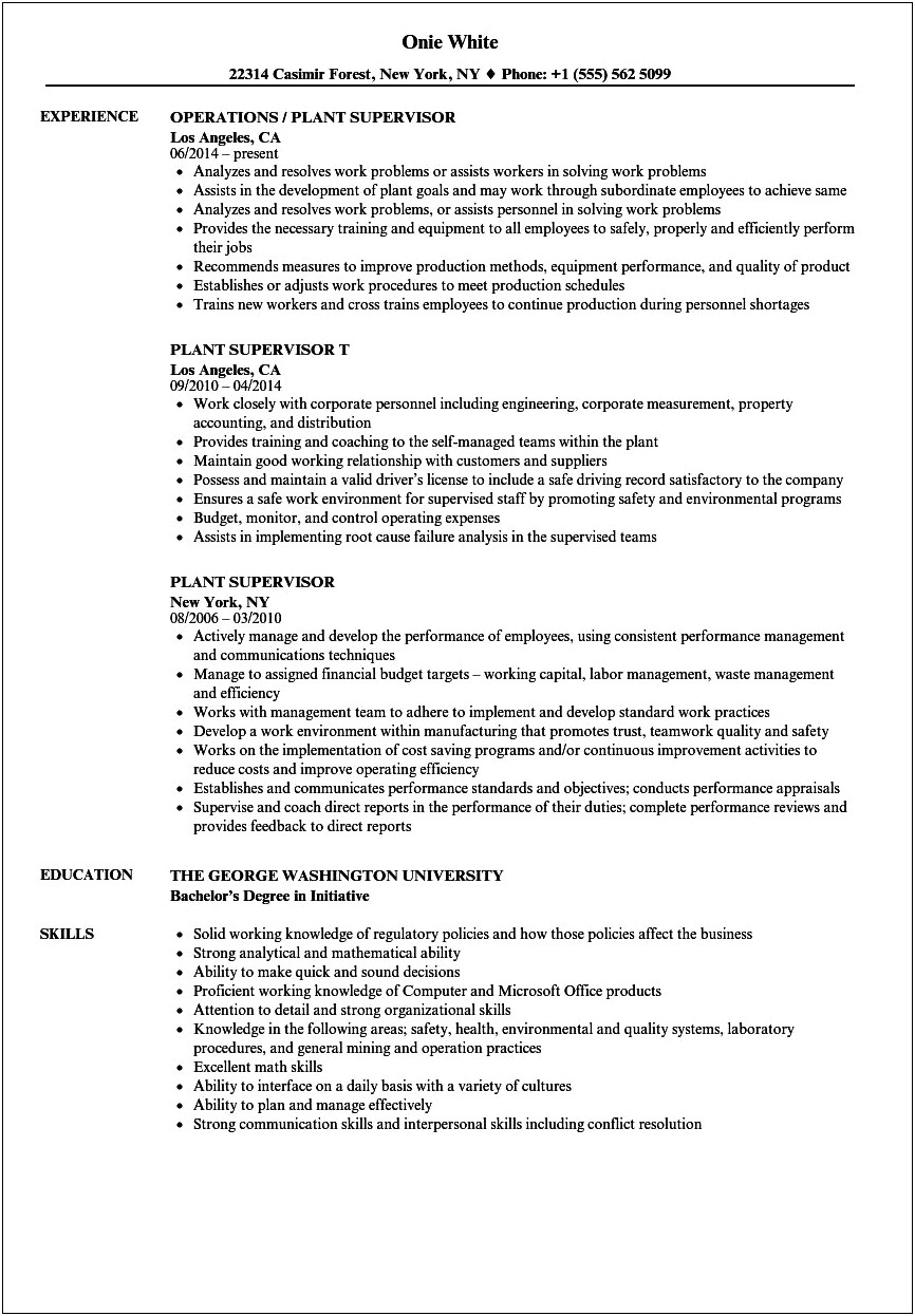 Resume Objective For Plant Manager