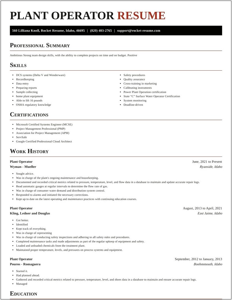 Resume Objective For Plant Operator