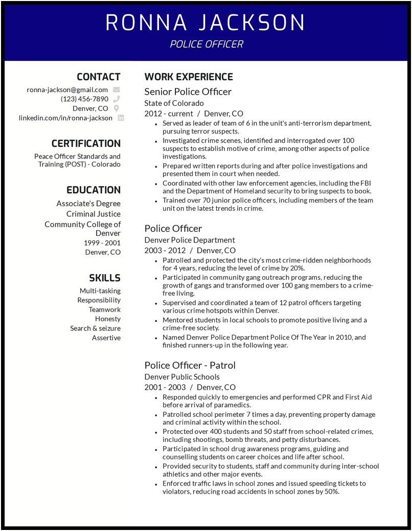 Resume Objective For Police Officer Job