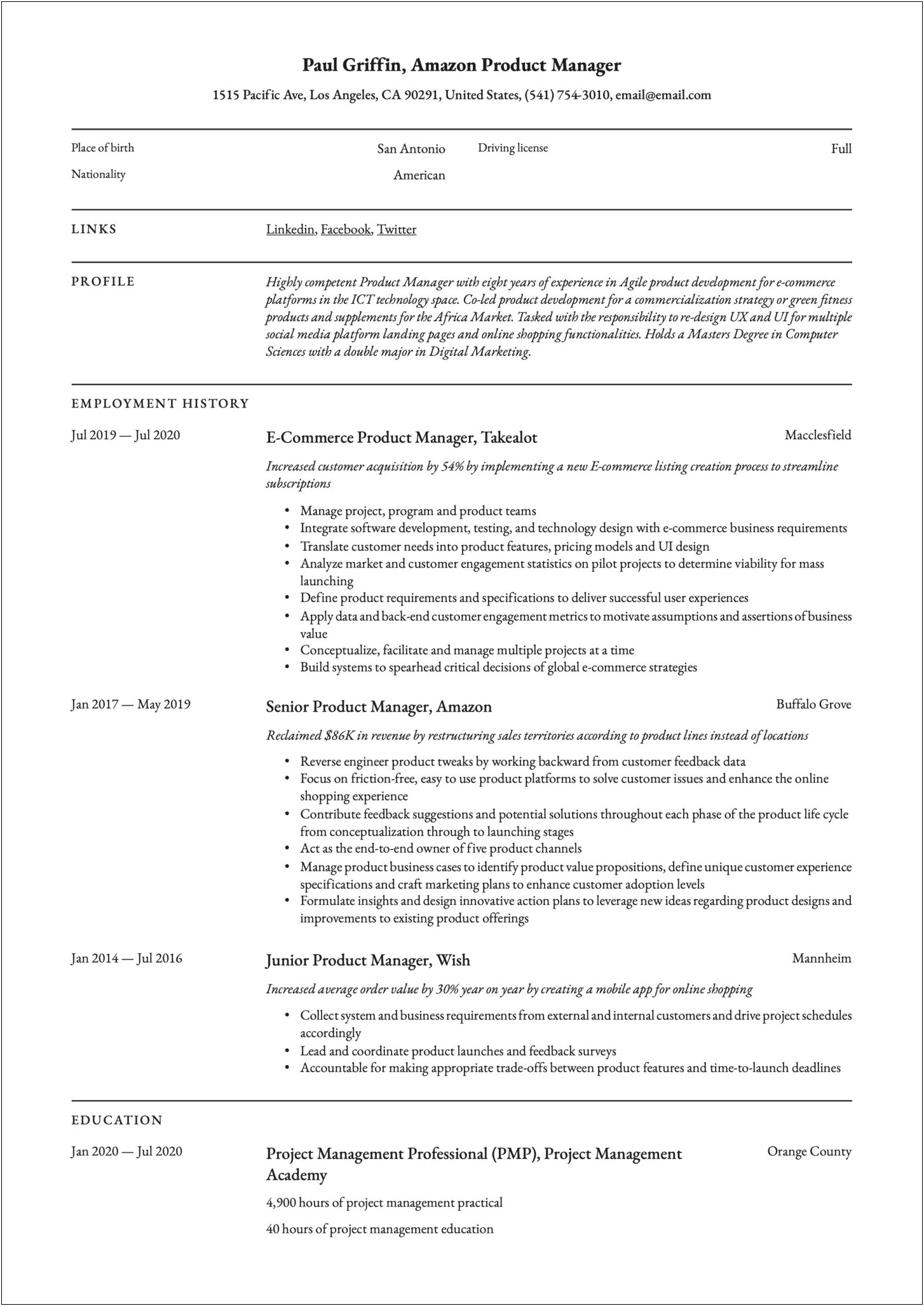 Resume Objective For Product Manager