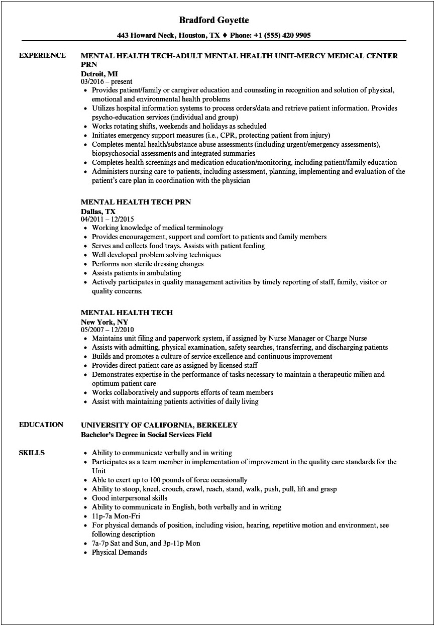 Resume Objective For Psychiatric Technician