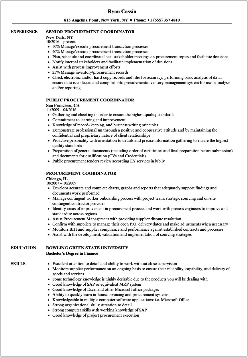 Resume Objective For Purchase Coordinator