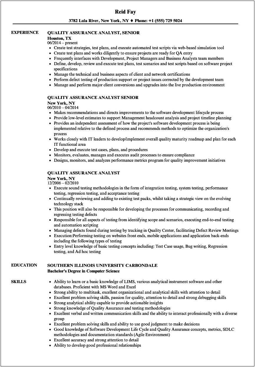 Resume Objective For Quality Assurance Analyst