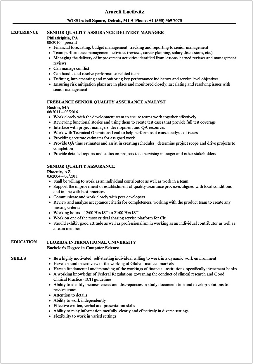 Resume Objective For Quality Assurance