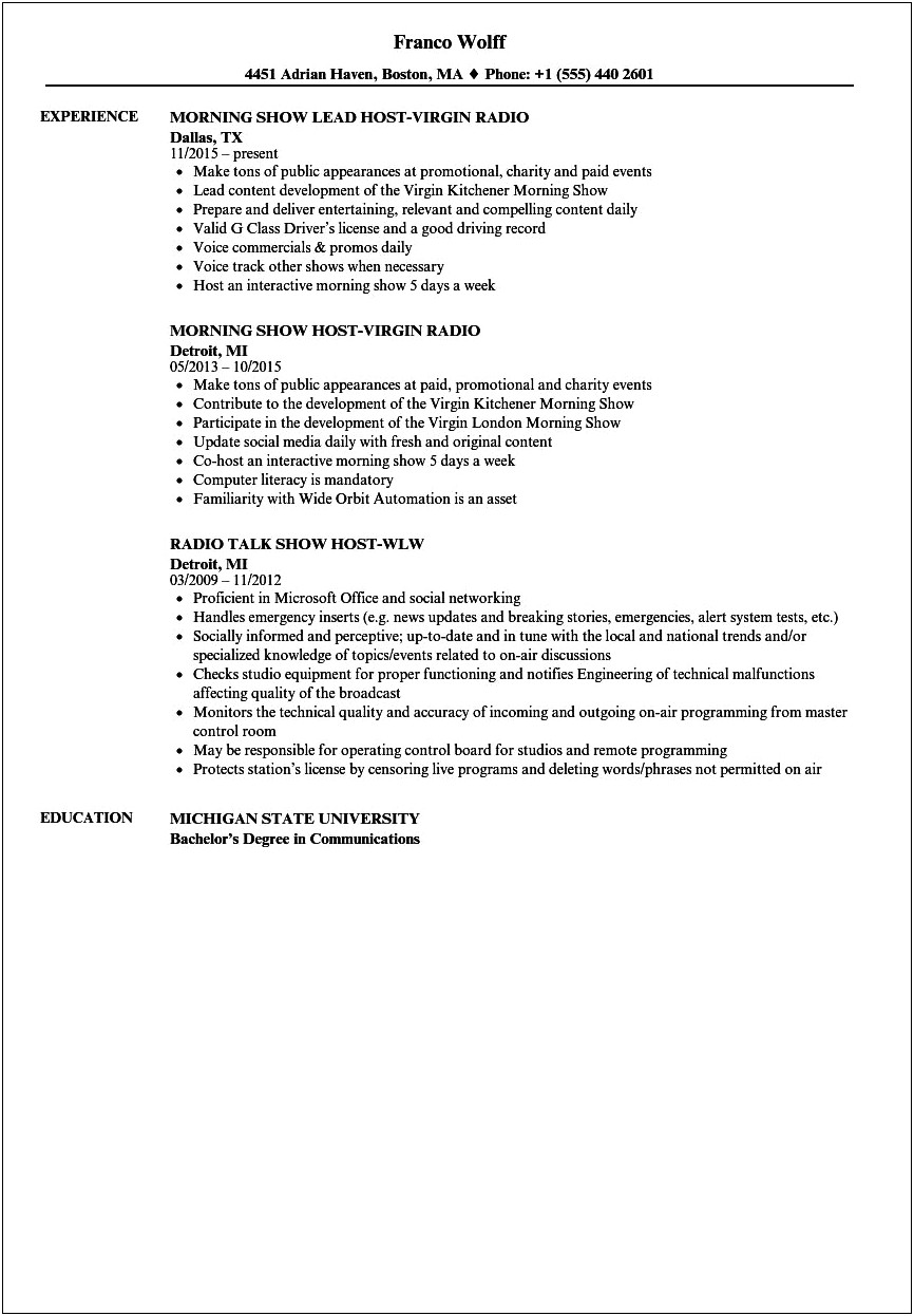 Resume Objective For Radio Station