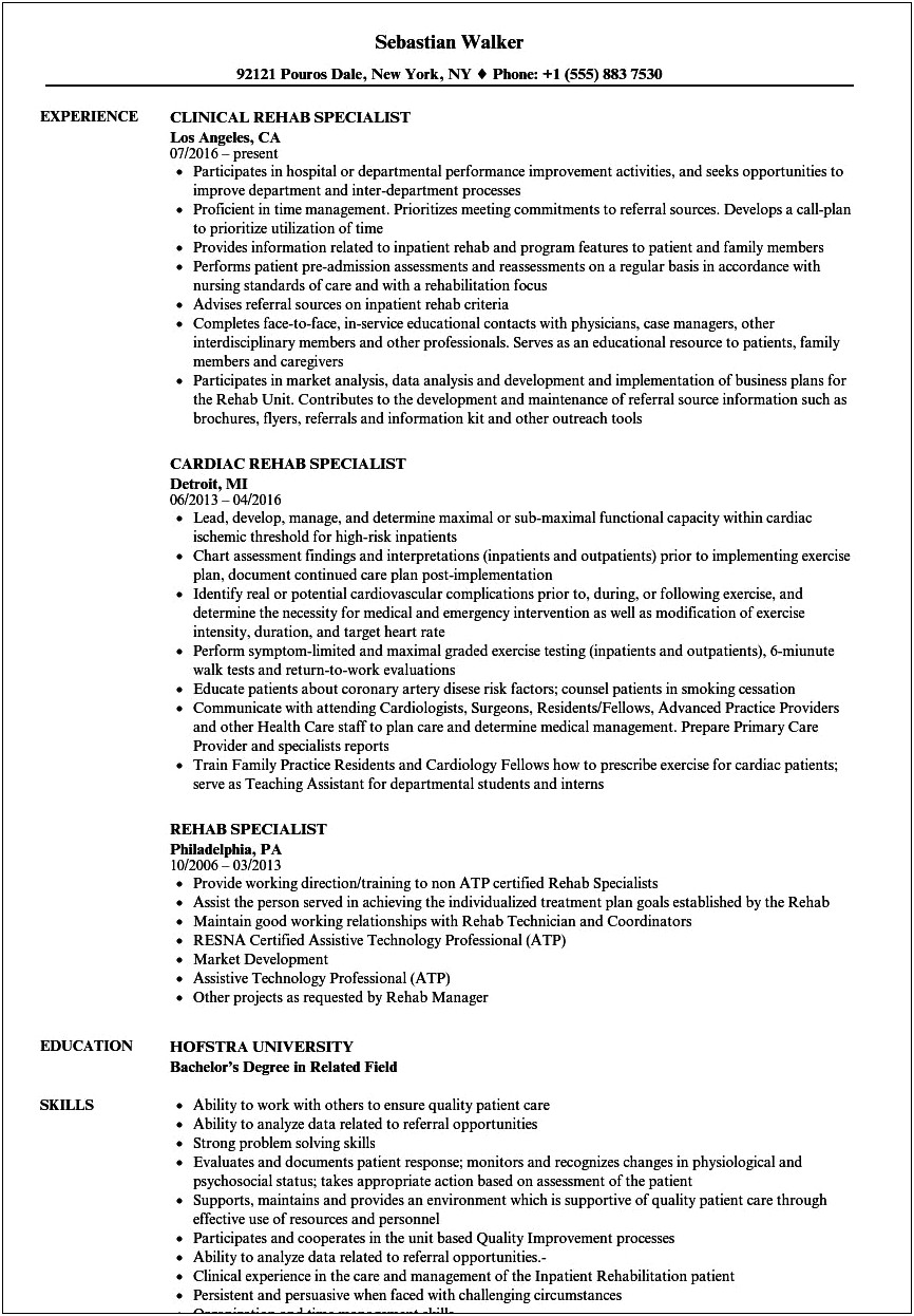 Resume Objective For Rehabilitation Manager