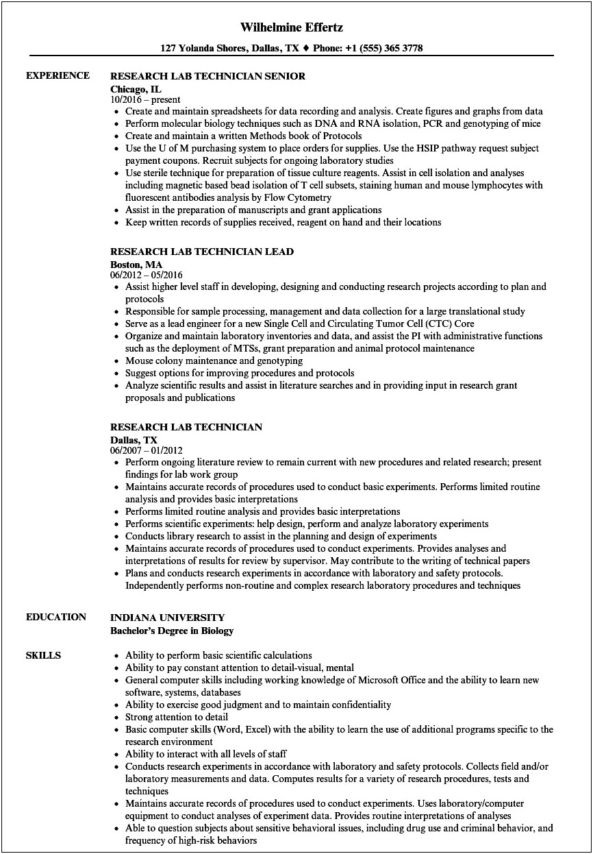 Resume Objective For Research Lab