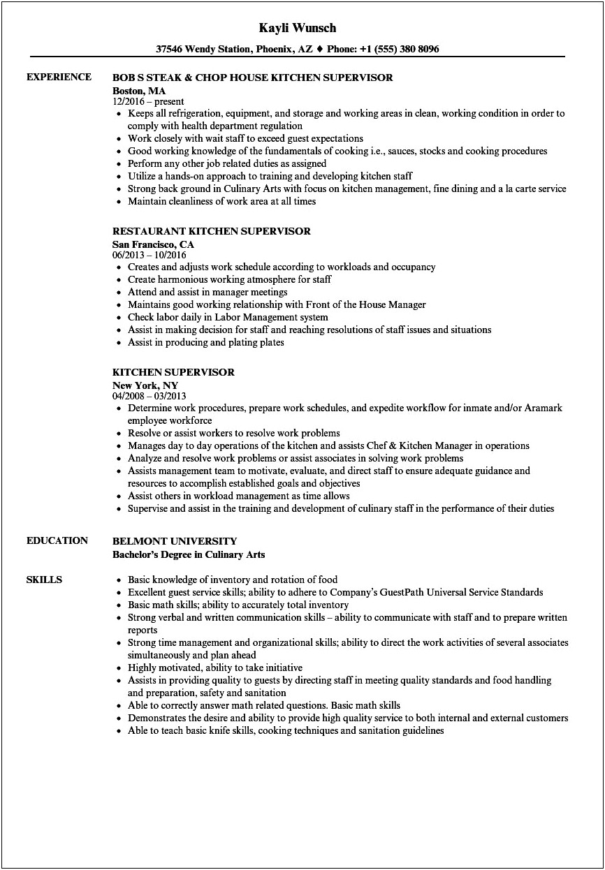 Resume Objective For Restaurant Supervisor