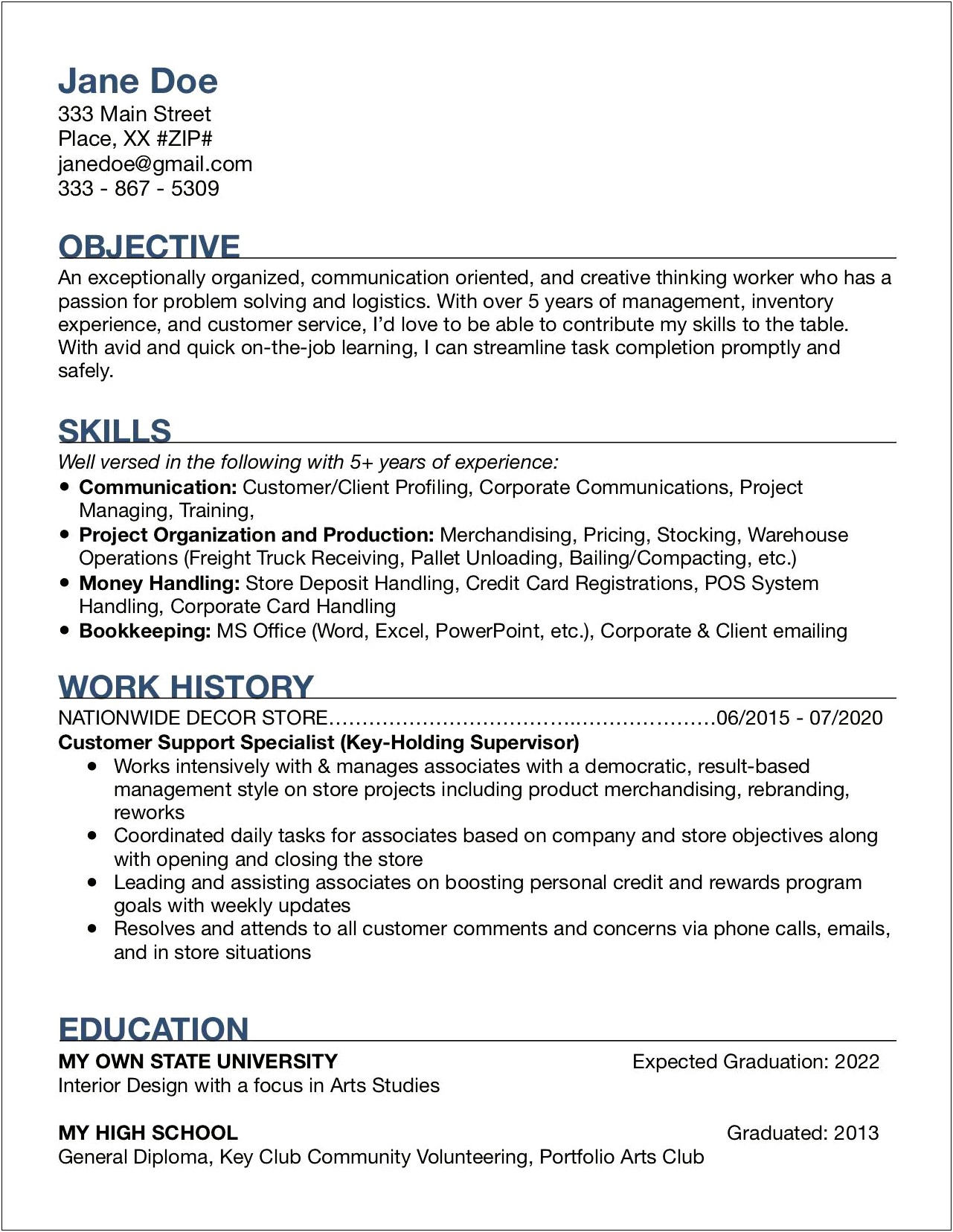 Resume Objective For Retail First Job