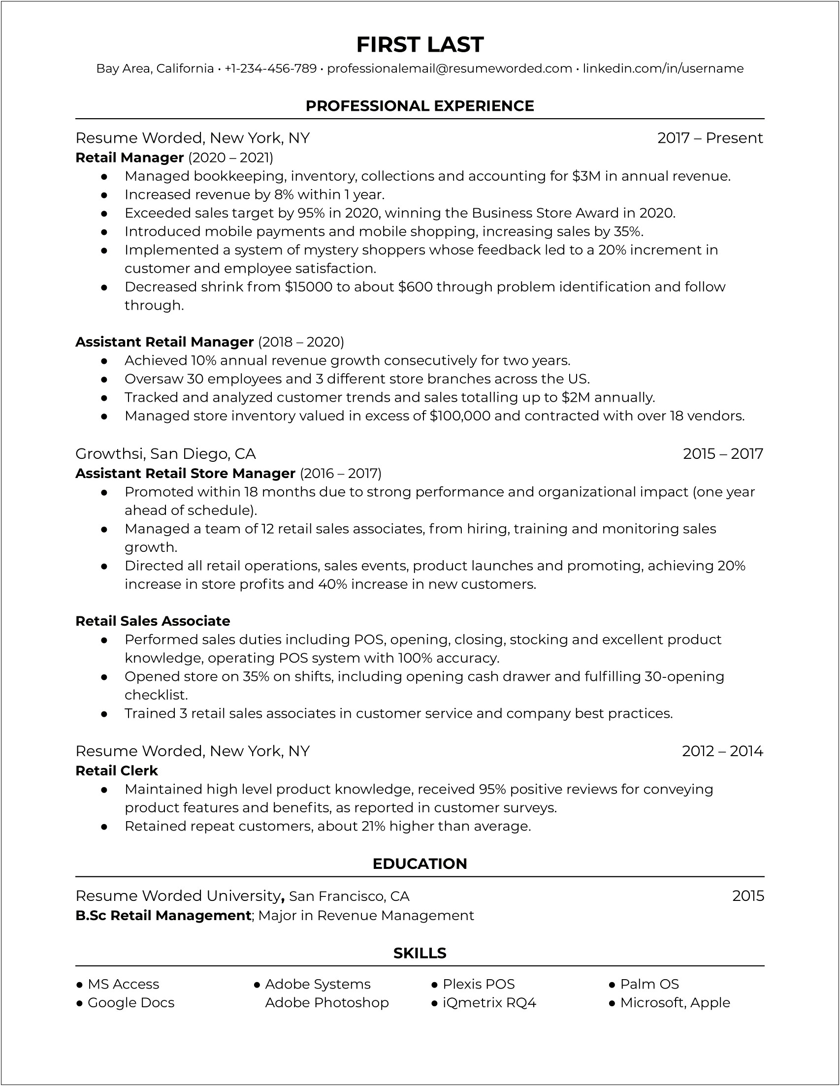 Resume Objective For Retail Management Position