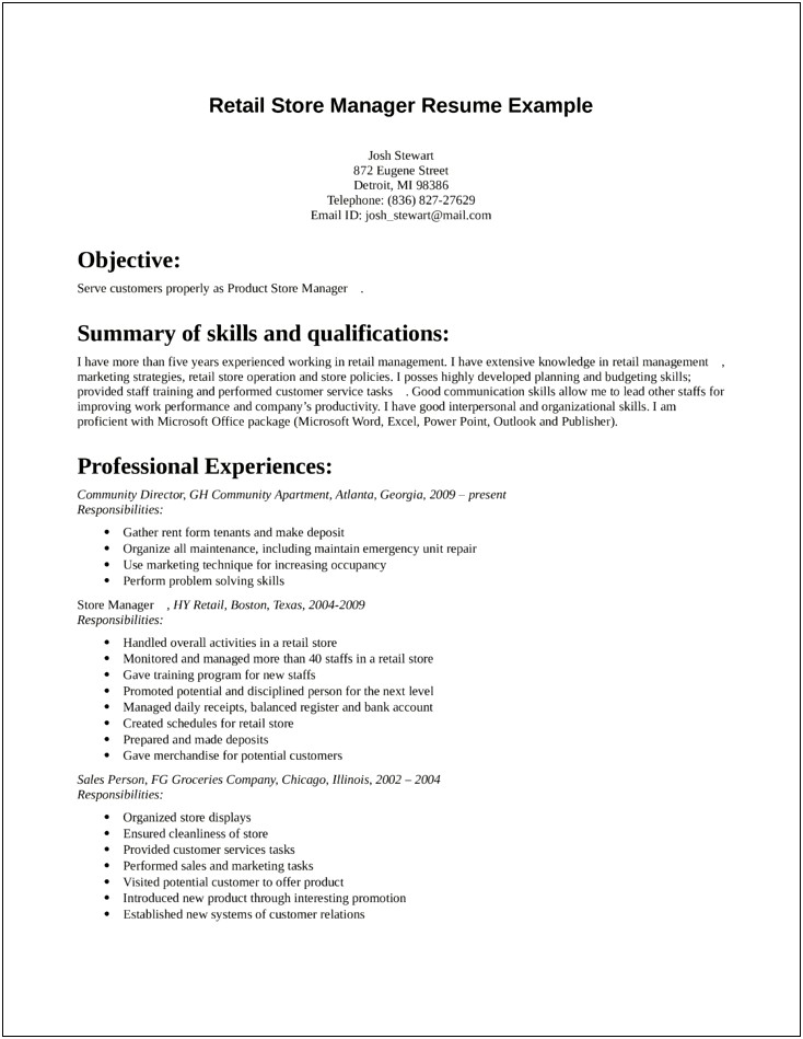 Resume Objective For Retail Sales Manager