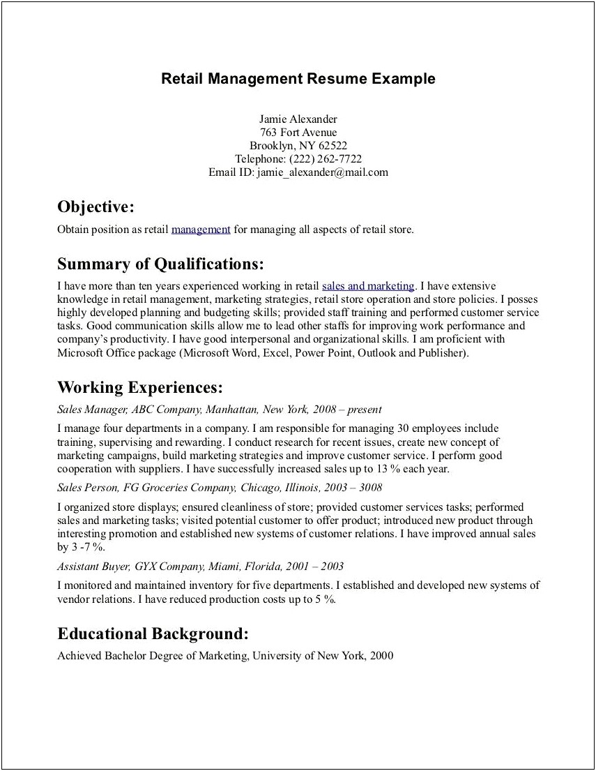 Resume Objective For Retail Store Position