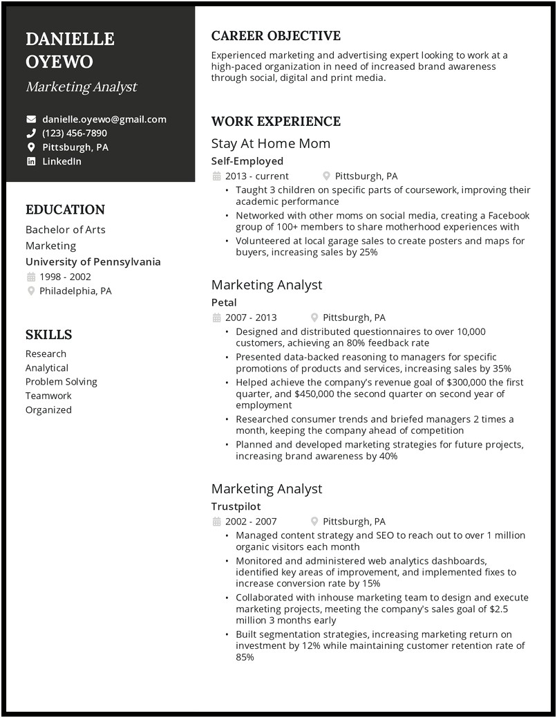 Resume Objective For Returning To Workforce