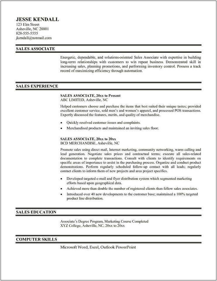 Resume Objective For Sales Associate Position