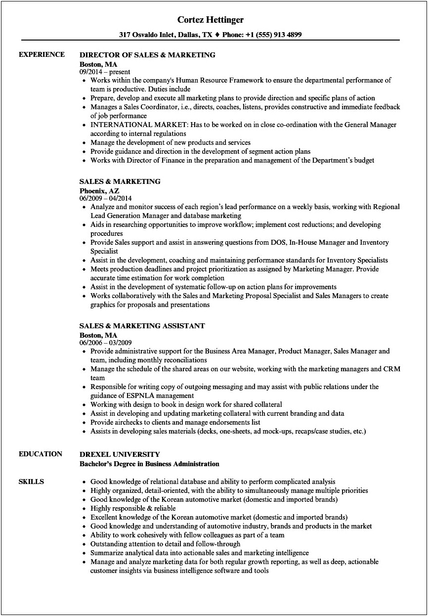 Resume Objective For Sales Example