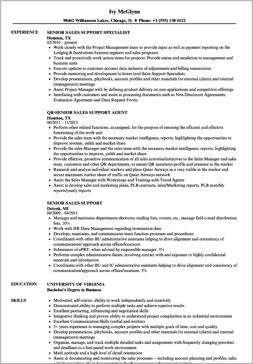 Resume Objective For Sales Support