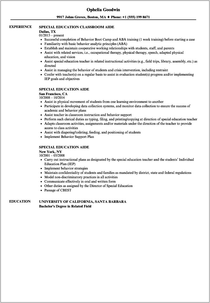 Resume Objective For School Aide