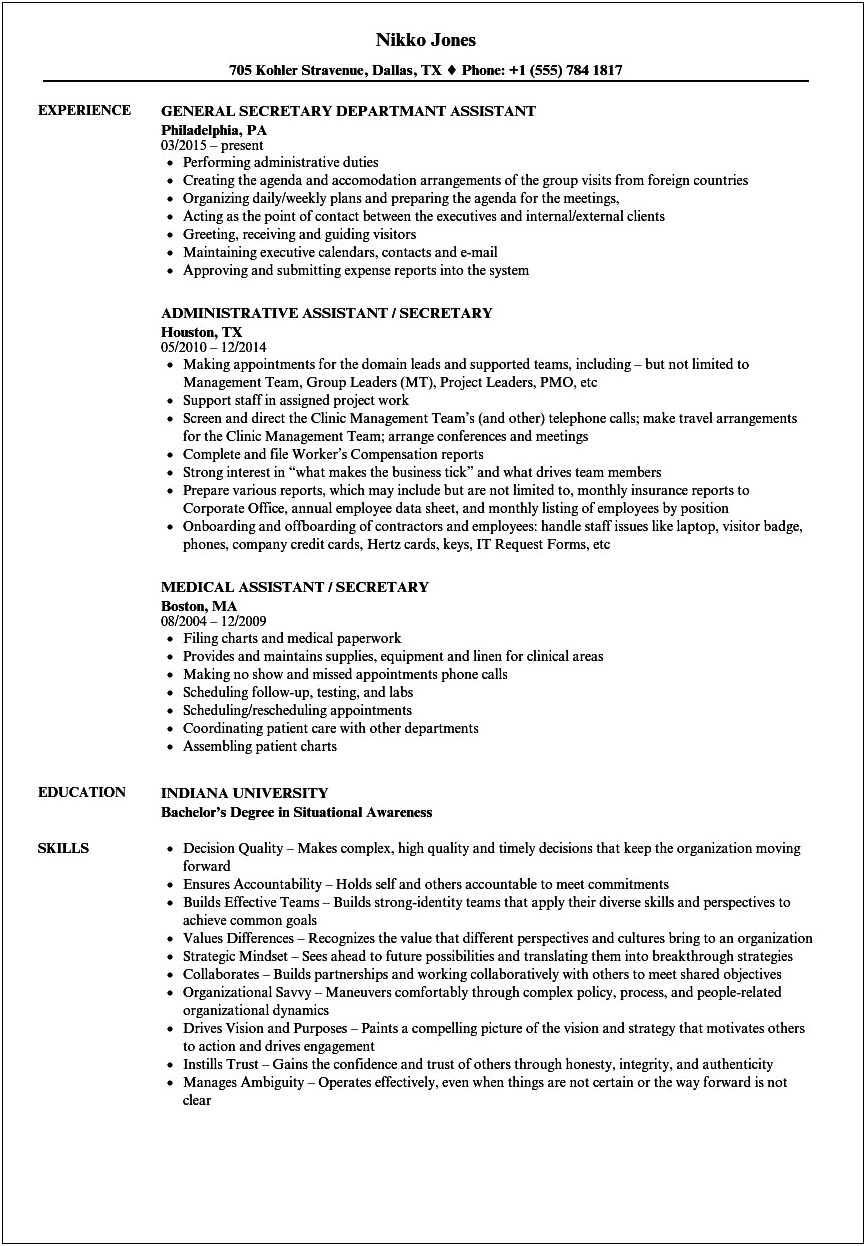 Resume Objective For Secretary Of State Job