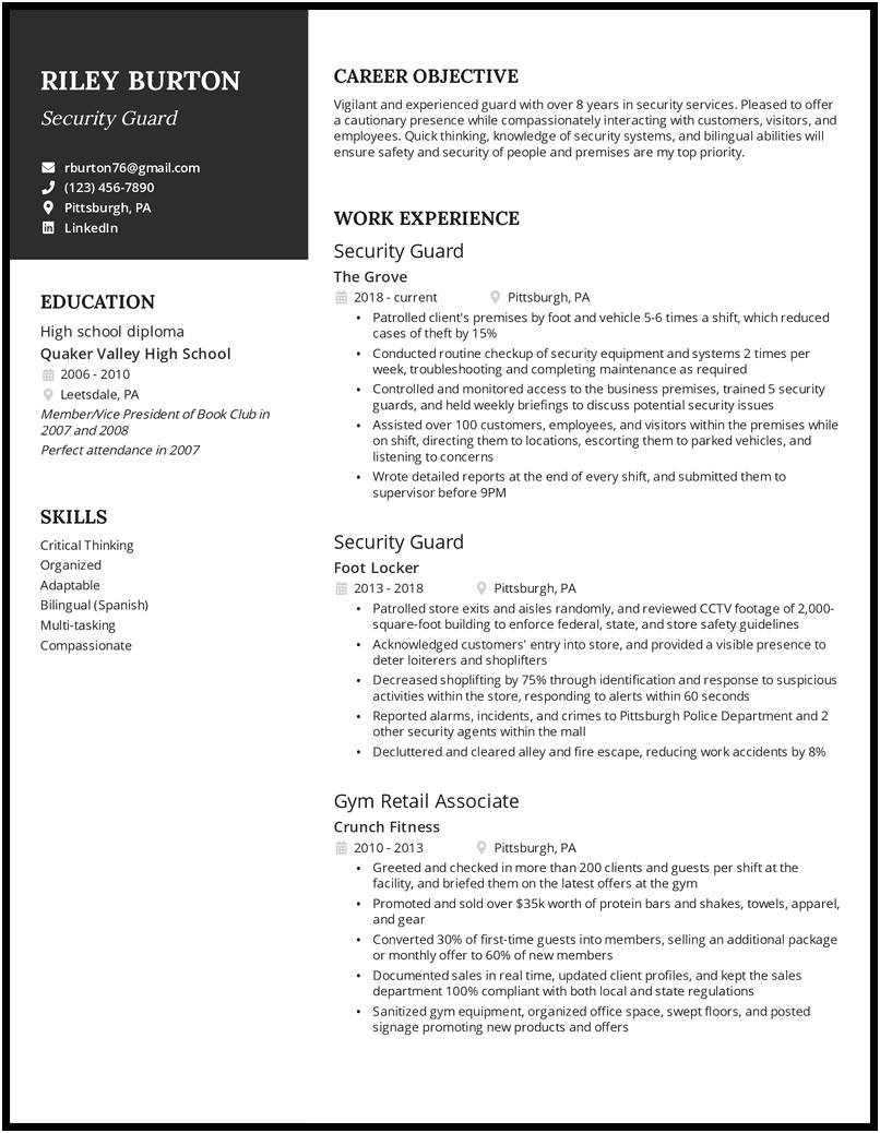 Resume Objective For Secuirty Guard Company