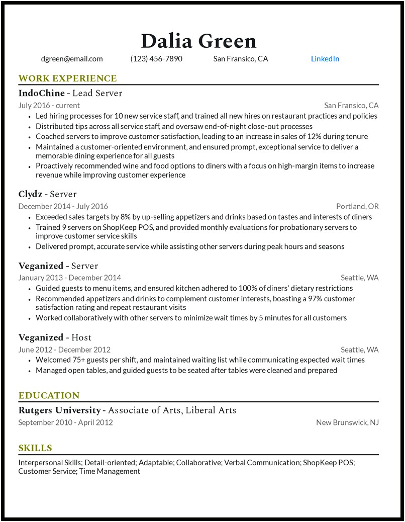 Resume Objective For Server At A Restaurant