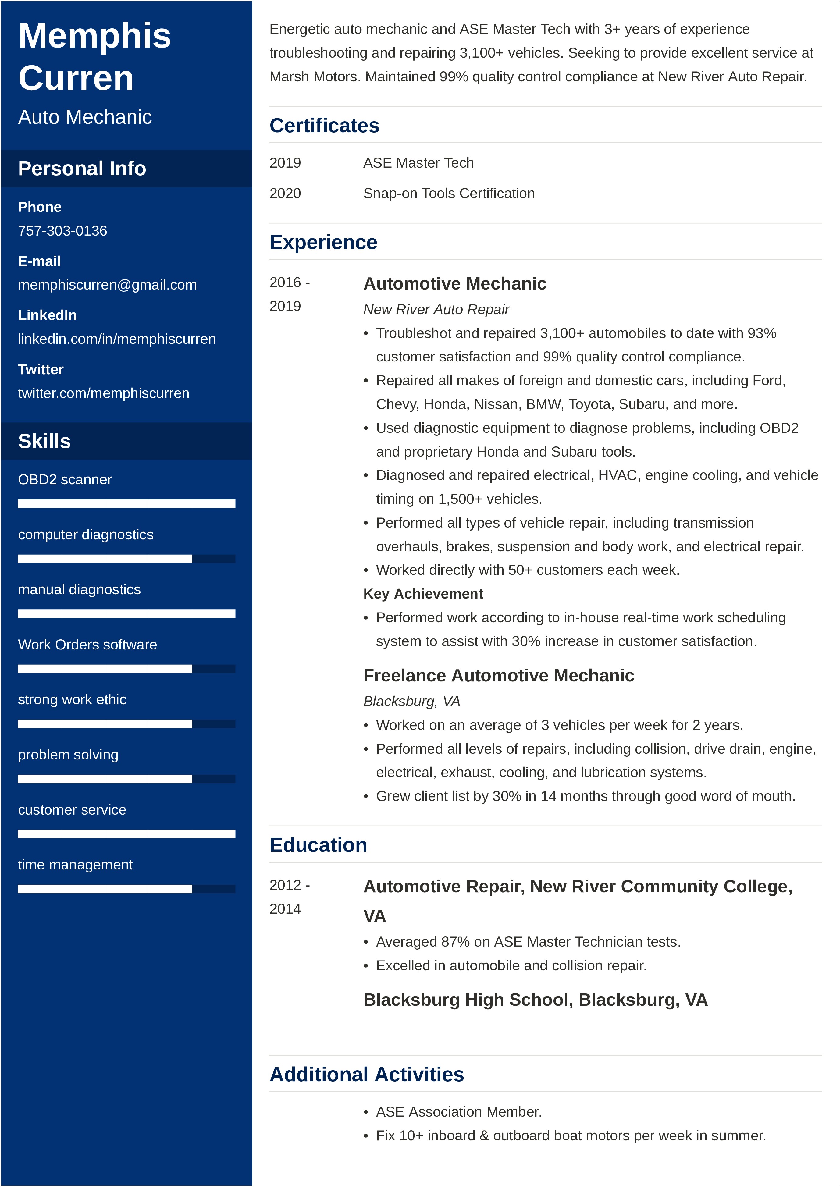 Resume Objective For Sevice Technician