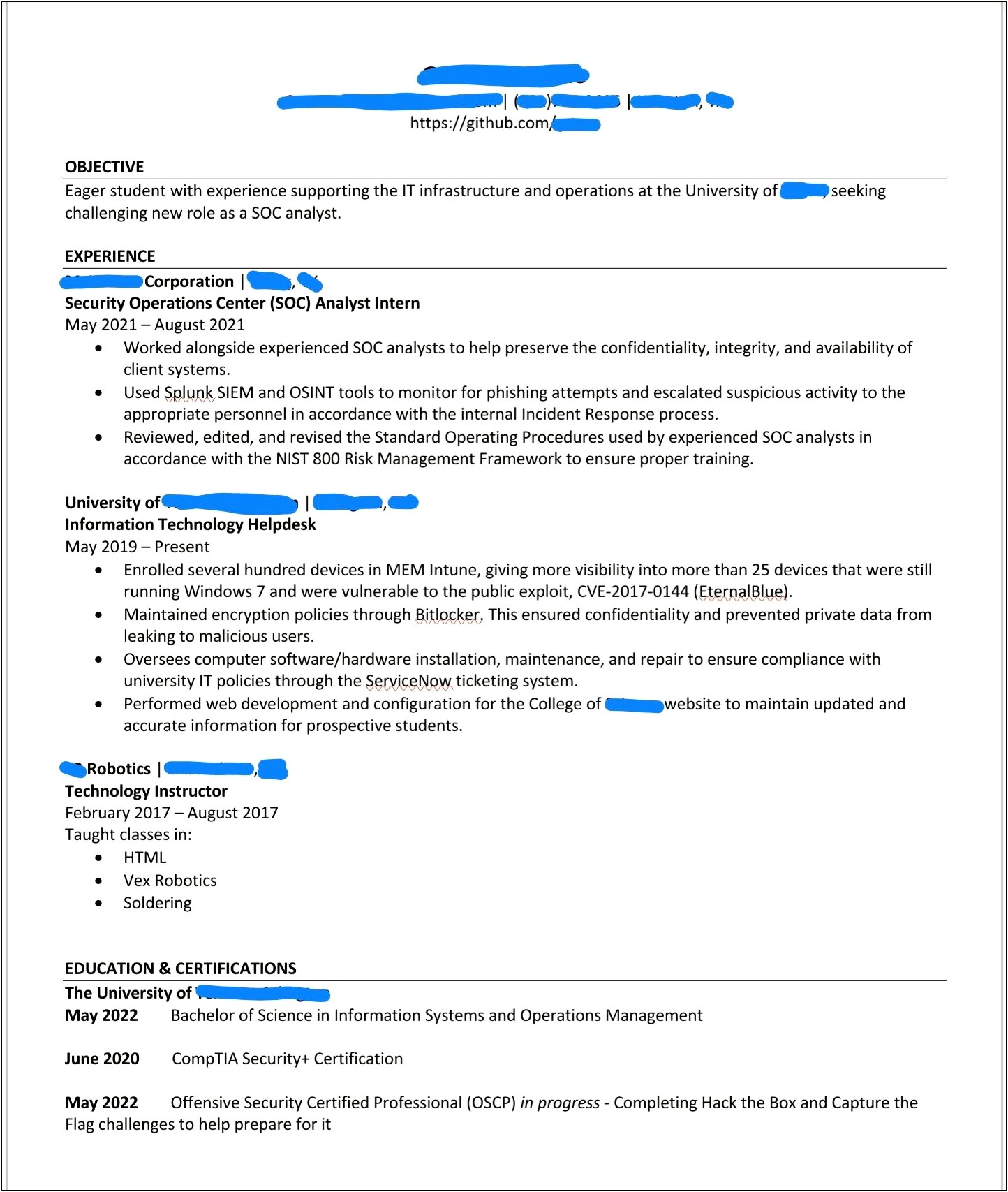 Resume Objective For Soc Analyst