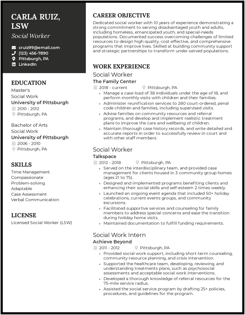 Resume Objective For Social Service Worker