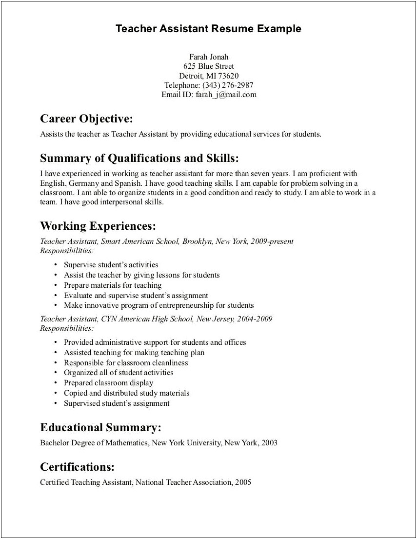 Resume Objective For Special Education Assistant