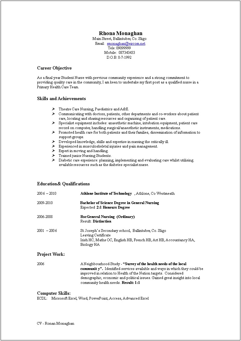 Resume Objective For Student Nurse