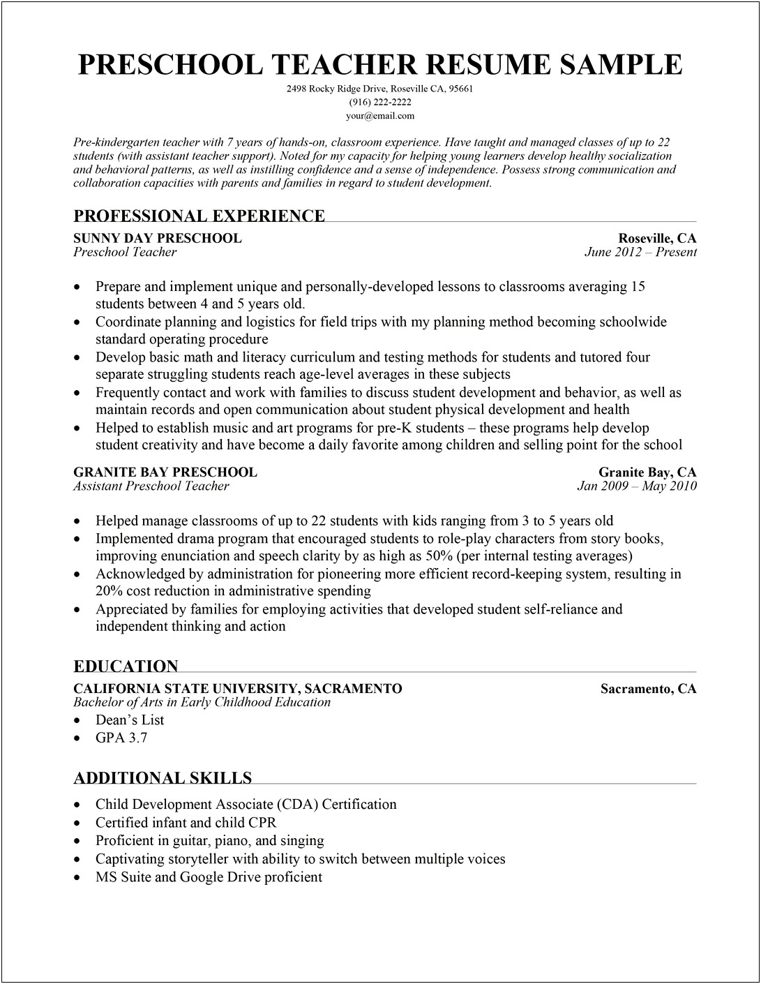 Resume Objective For Teachers Examples