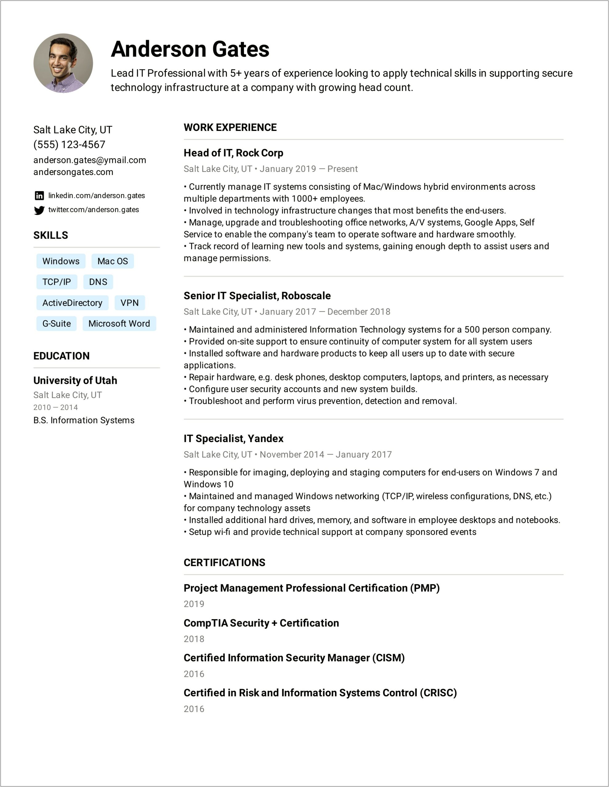 Resume Objective For Technology Specialist