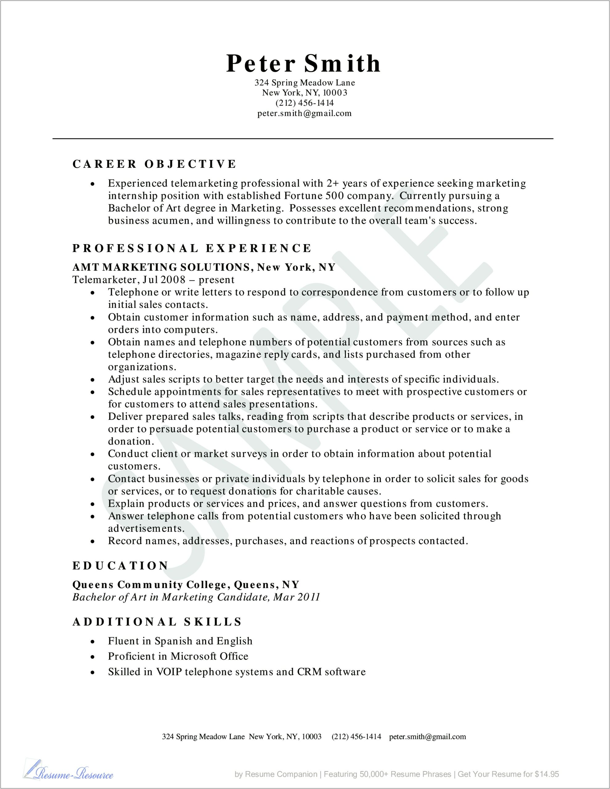Resume Objective For Telemarketing Job