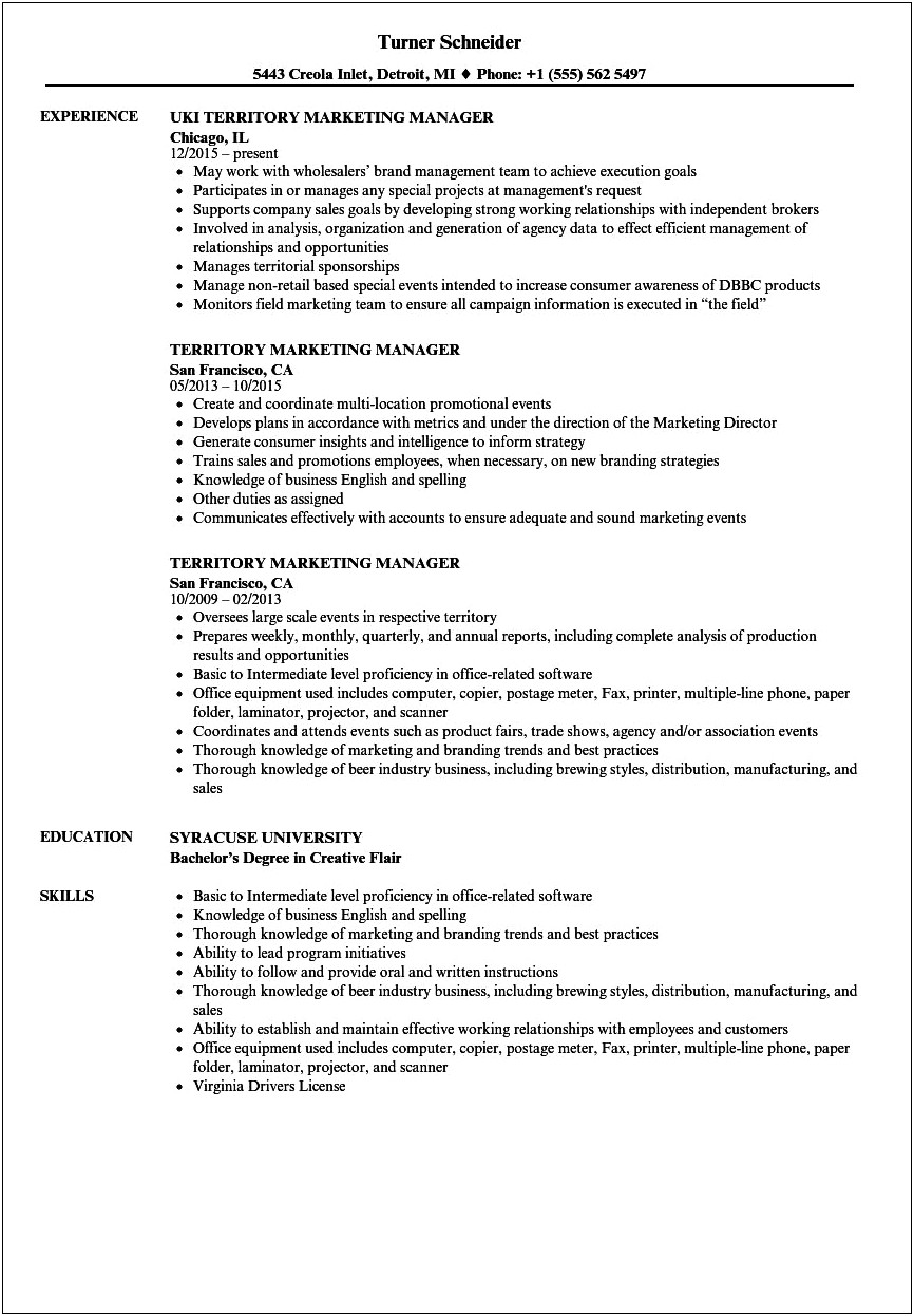Resume Objective For Territory Sales Manager