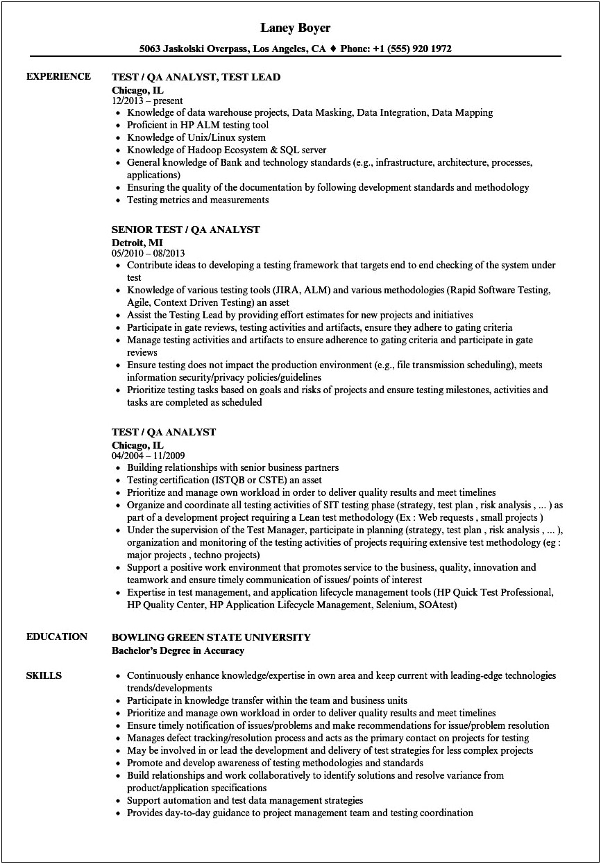 Resume Objective For Test Analyst