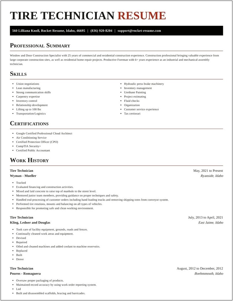 Resume Objective For Tire Technician