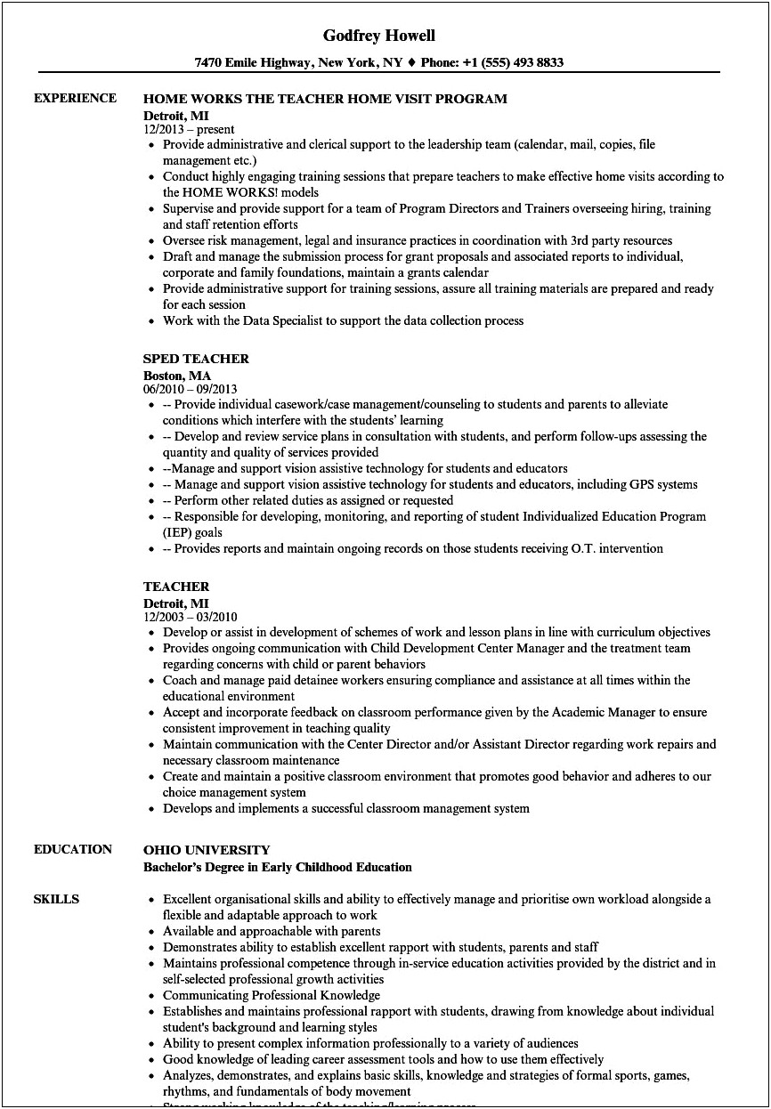 Resume Objective For Transition Teacher