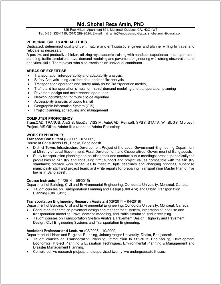 Resume Objective For Transportation Engineer