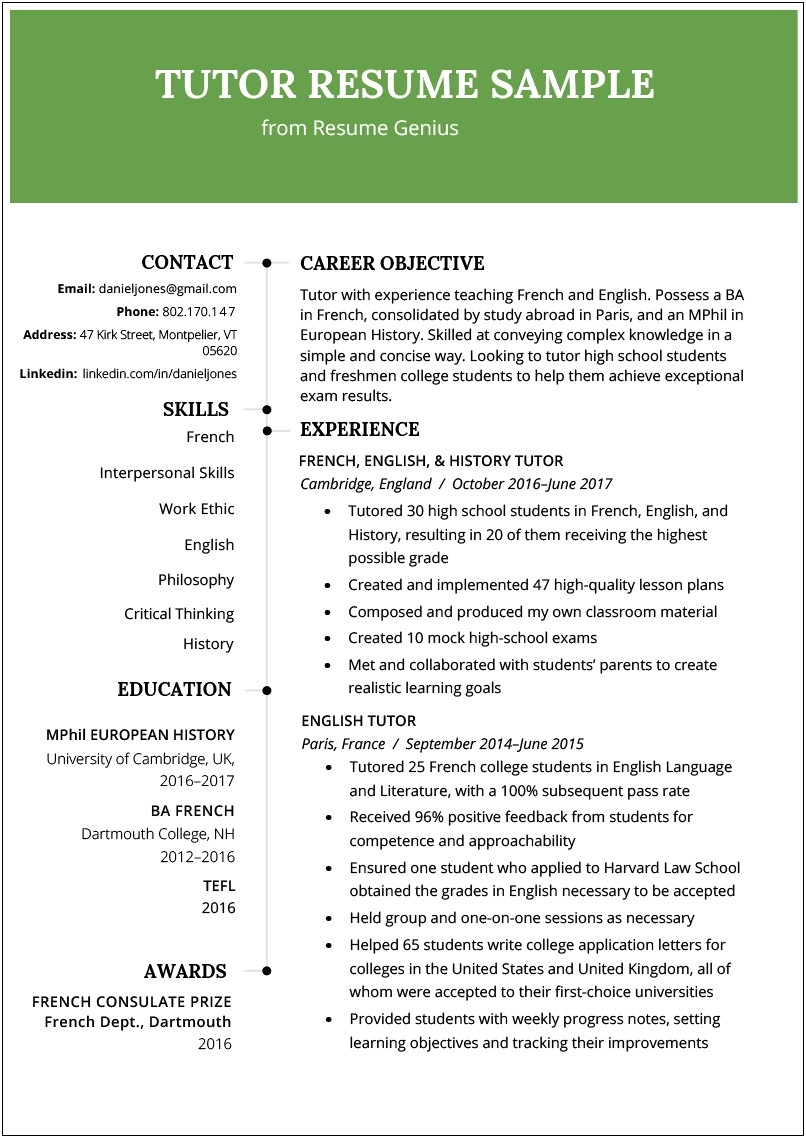 Resume Objective For Tutoring Position