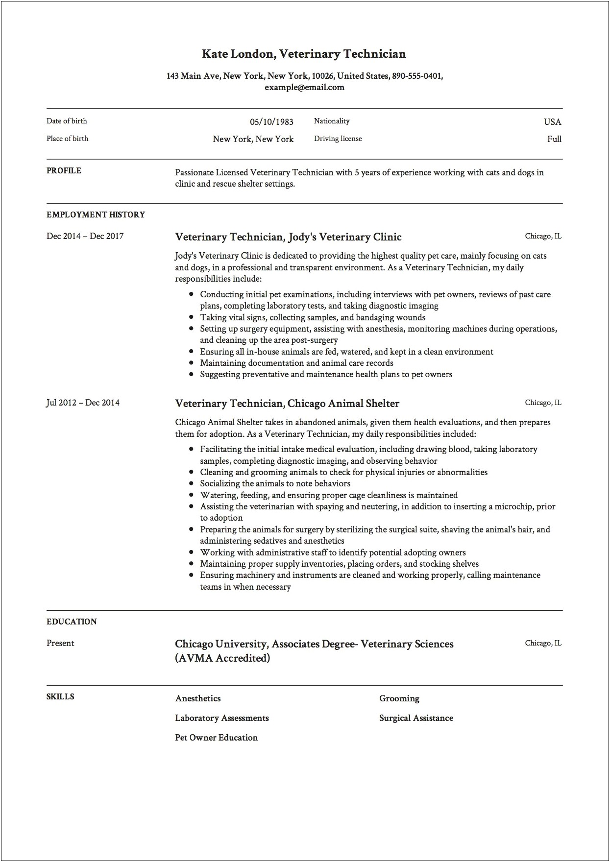 Resume Objective For Vet Tech