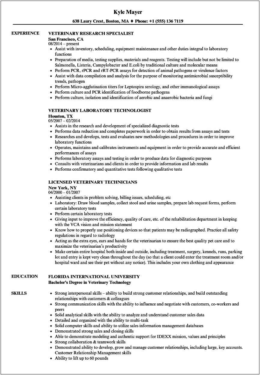 Resume Objective For Veteranarian Student