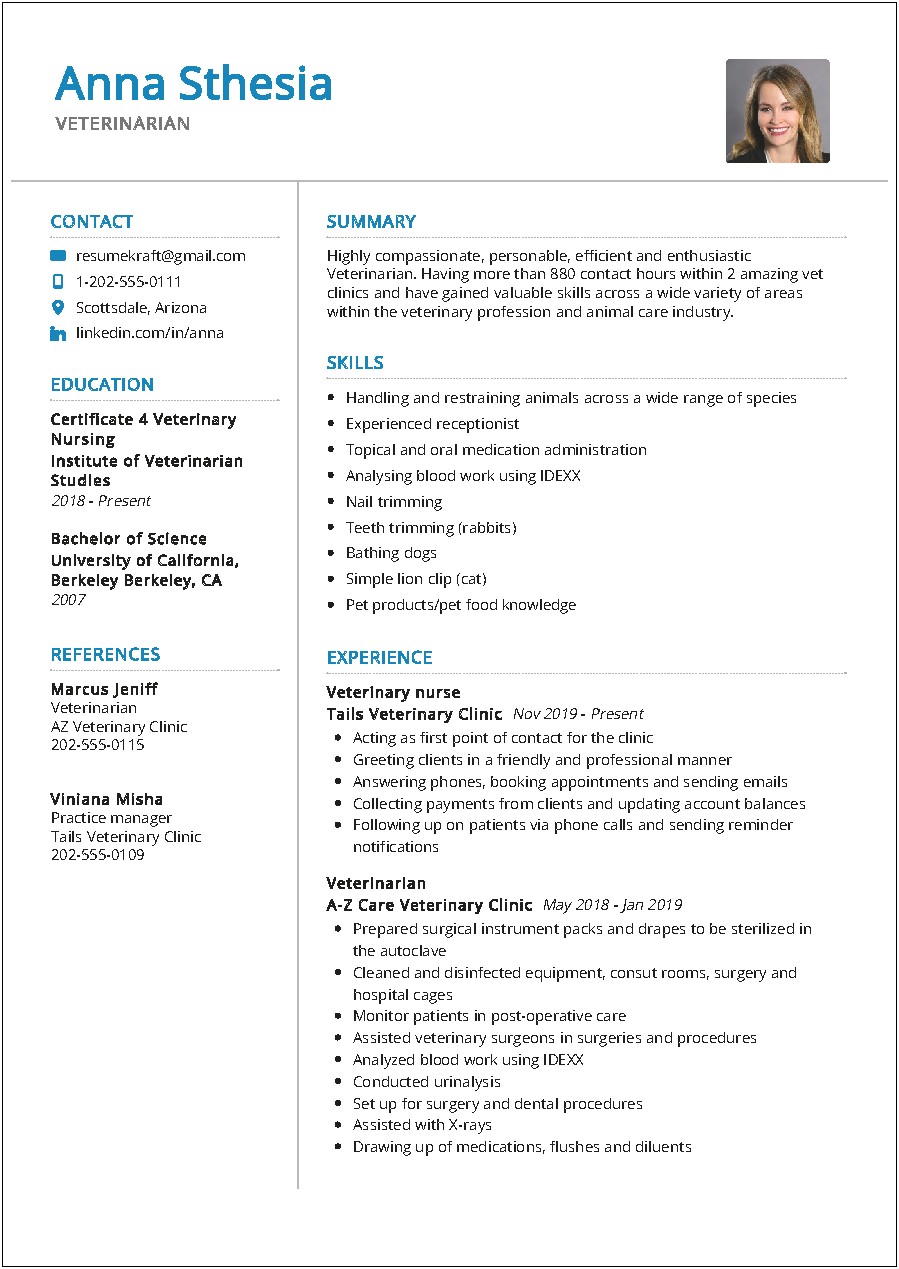 Resume Objective For Veterinary Receptionist