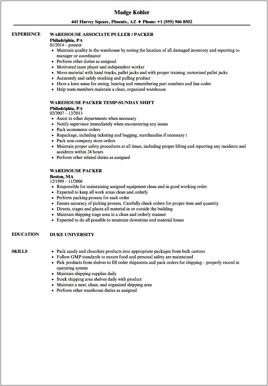 Resume Objective For Warehouse Clerk