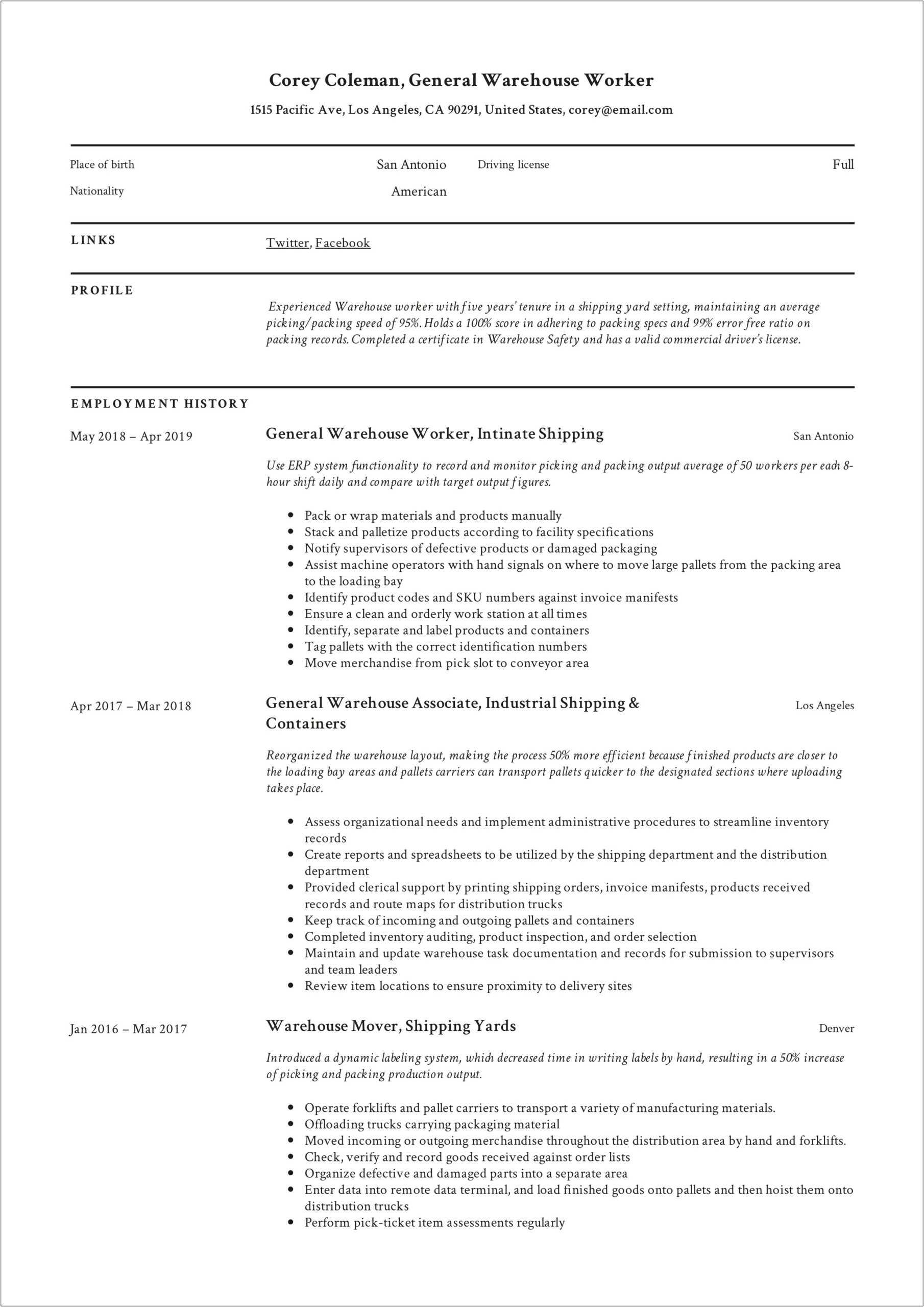 Resume Objective For Warehouse Employment