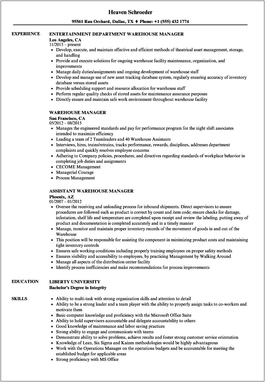Resume Objective For Warehouse Lead