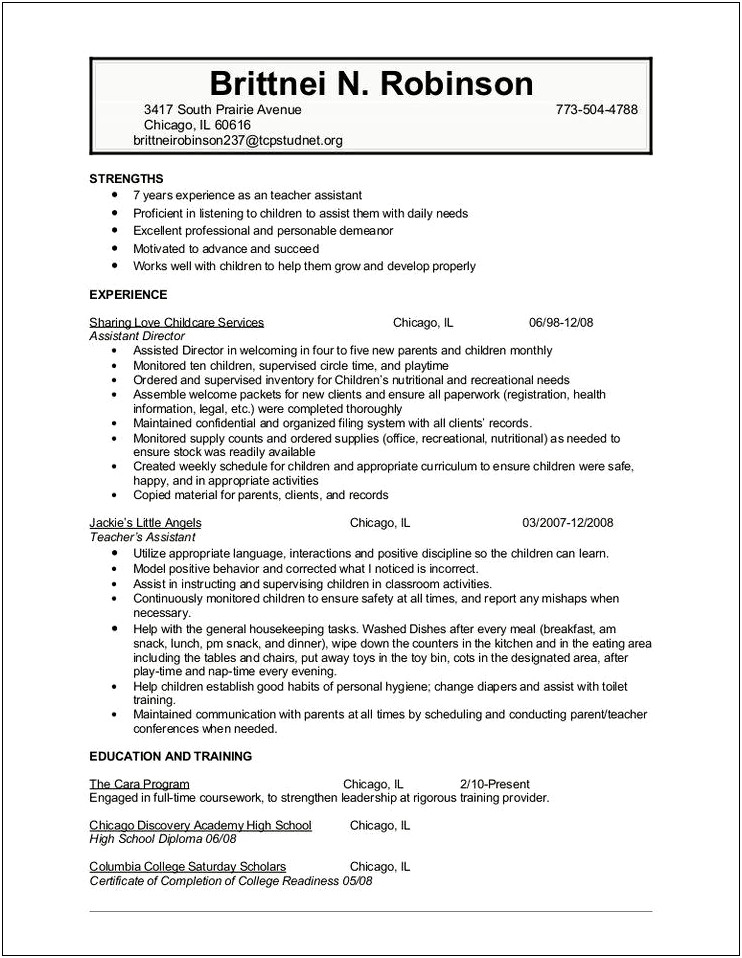 Resume Objective For Working At A Daycare