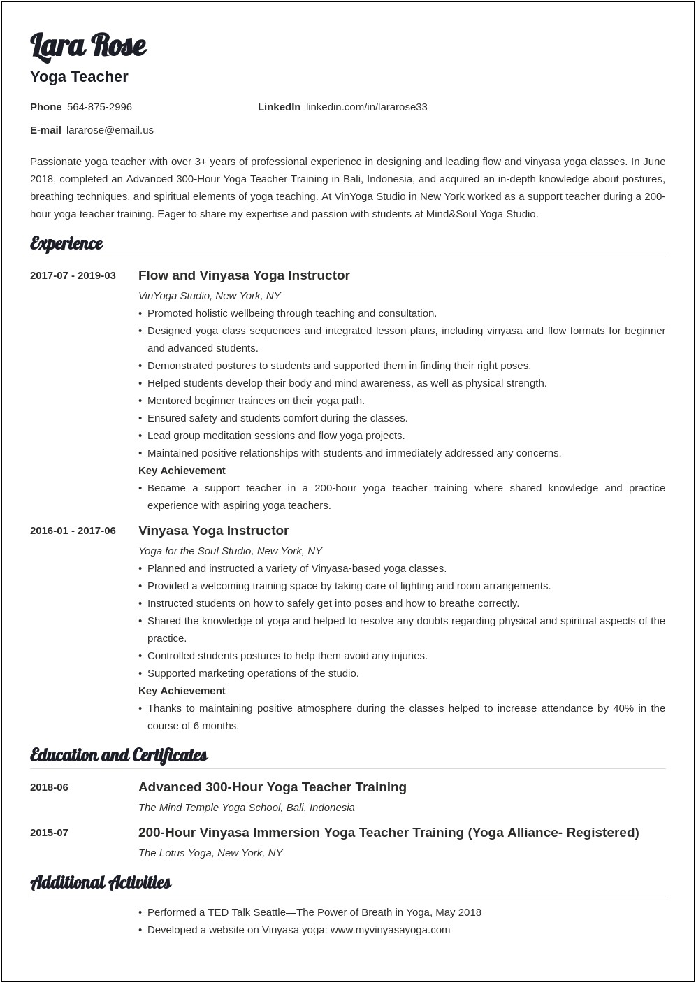 Resume Objective For Yoga Studio