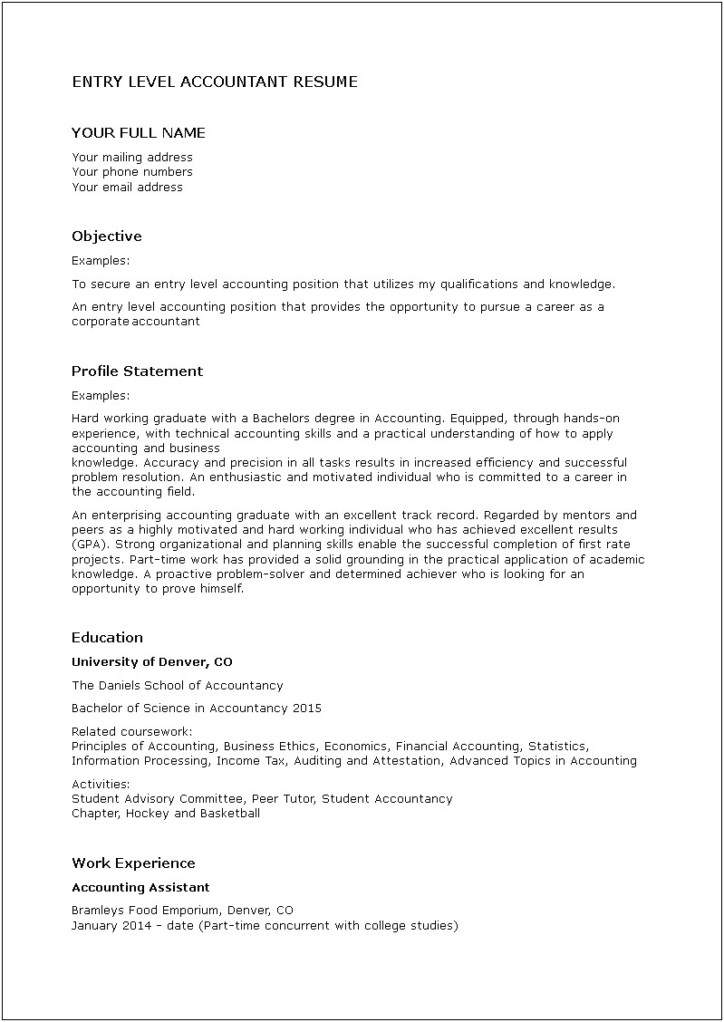 Resume Objective Ideas For Accounting