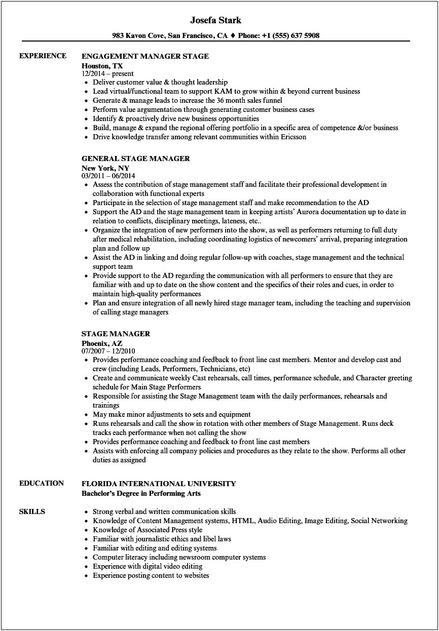 Resume Objective Line For Theater Stage Manager