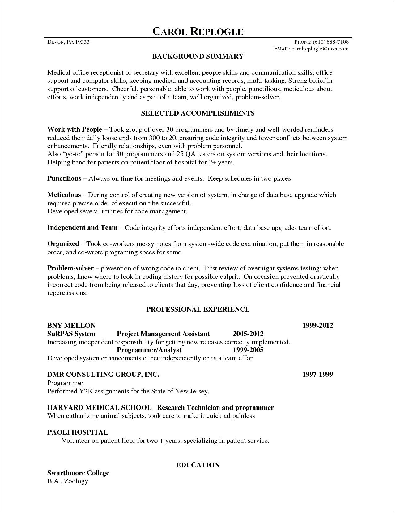 Resume Objective Lines For Receptionist